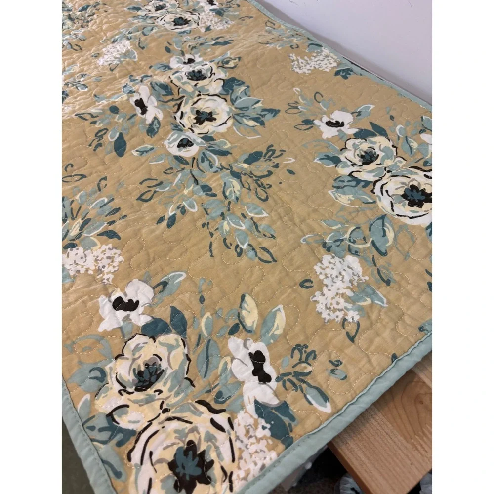 Madison Park Quilted Floral Pillow Shams Set of 2 Yellow Teal Sage Green Cotton